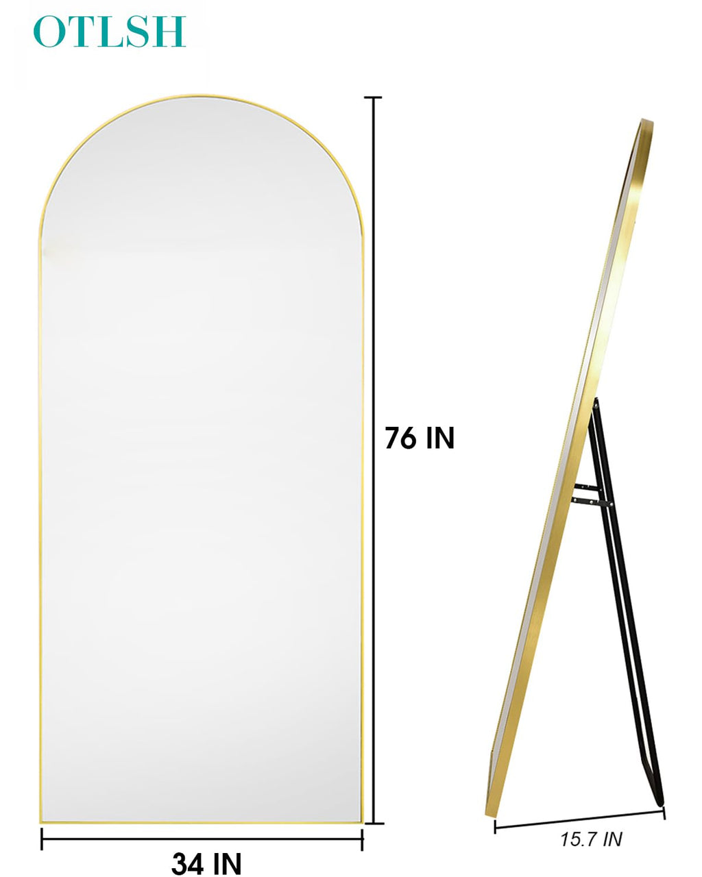 Arched Floor Mirror, 76"34" Full Length Mirror with Stand, Freestanding, Aluminum Frame - Gold