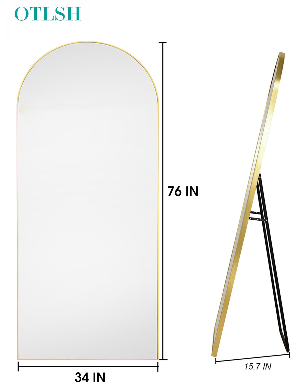 Arched Floor Mirror, 76"34" Full Length Mirror with Stand, Freestanding, Aluminum Frame - Gold