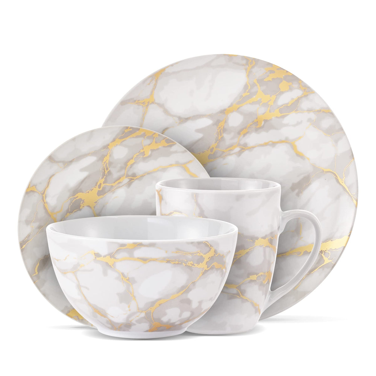 & Co 16-Piece Modern Premium Porcelain Ceramic Dinner Set, Lightweight Designed, Stackable, in Gold Marble/Gray Finish
