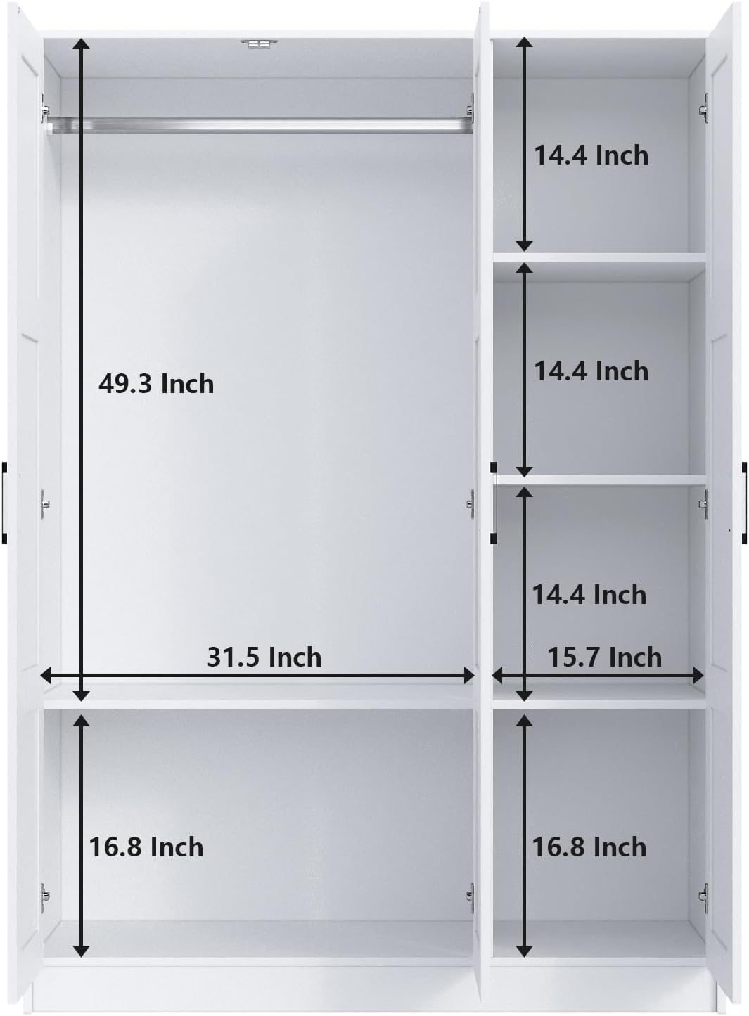 3 Doors Wooden Wardrobe Closet Armoire, White Storage Cabinet for Hanging Clothes, Bedroom Large Capacity