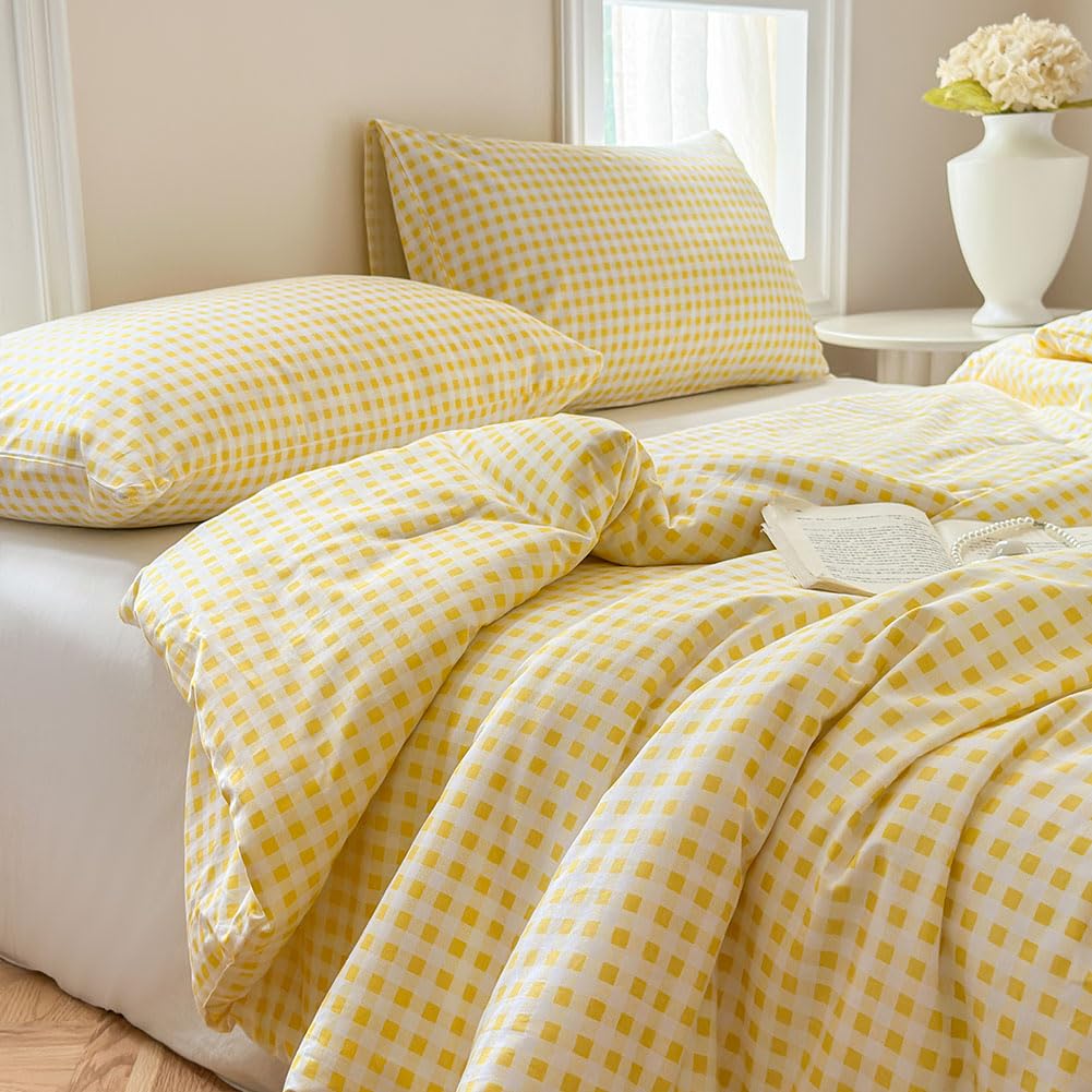 100% Cotton Yellow Gingham Plaid Comforter Set