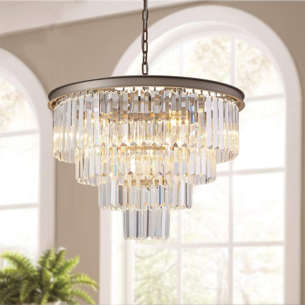 5-Light Nickel 4-Tier Crystal Chandelier, Mid-Size Layered Fixture for Bedrooms