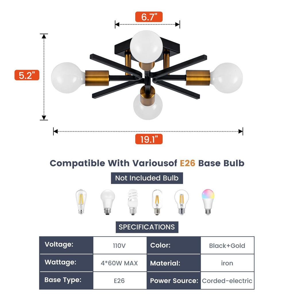 Black Gold Sputnik Ceiling Light Fixture, Farmhouse Semi Flush Mount