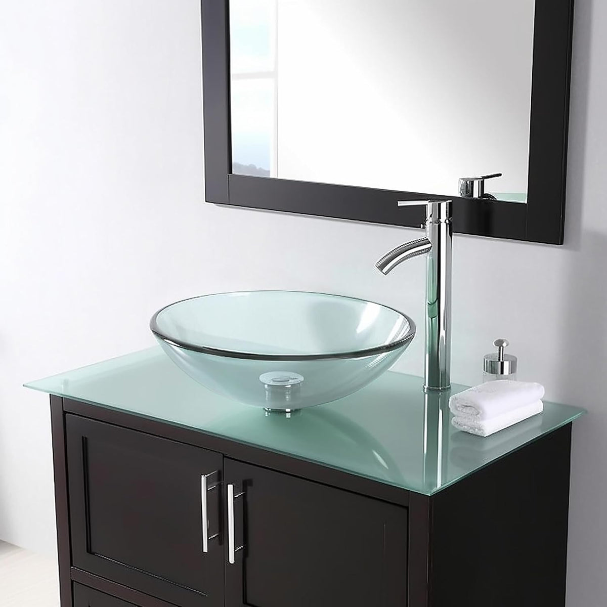 Tempered Glass Bathroom Vessel Sink 16" Round Countertop Vanity Basin Bowl Transparent Minimalist Modern