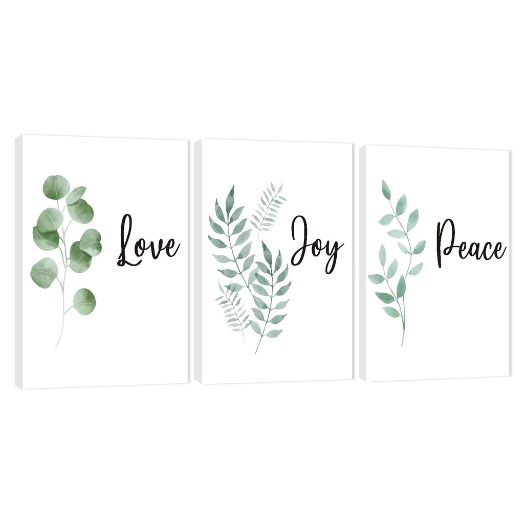 3 Piece Inspirational Wall Art, White Plants Background Picture, Quotes "Love Joy Peace" Canvas Print Decor, Triptych
