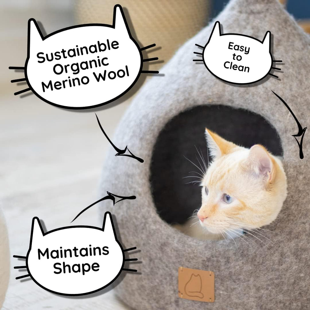 Best Aesthetic Cat Bed - Premium Felted Wool Cat Cave Bed - Cozy Peekaboo Round Cave for Large or Small Cats (Large