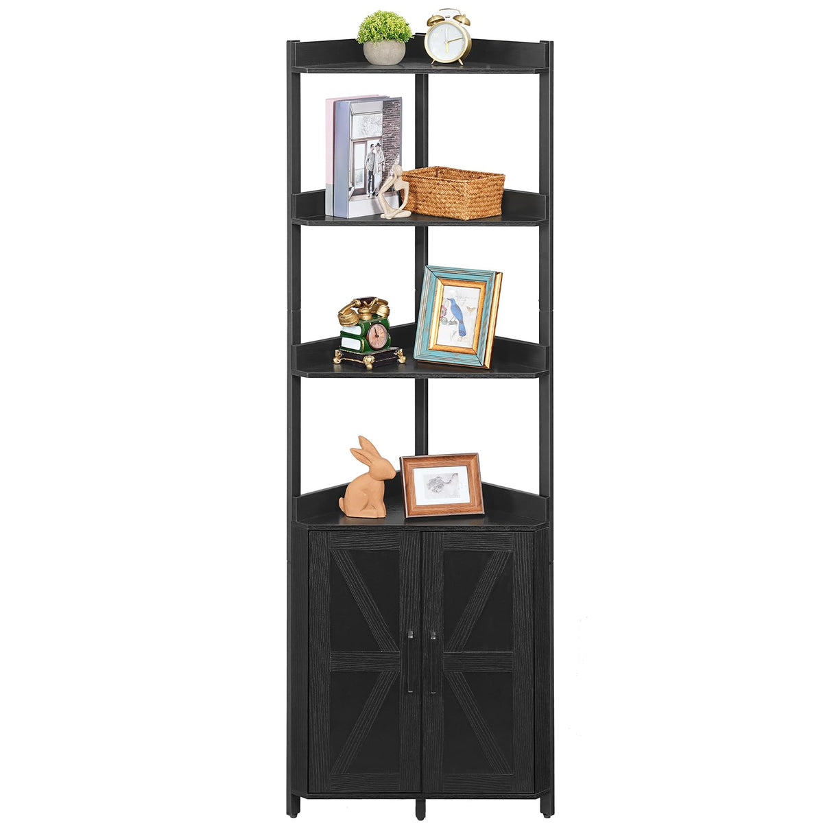 Corner Shelf with Storage, Tall Corner Storage Cabinet, 5-Tier Corner Bookshelf with Protective Fence, Black BB78CJ01