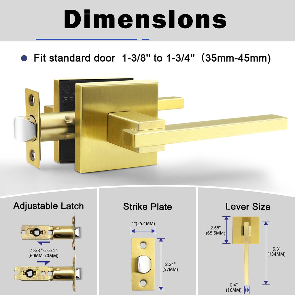 1 Pack Gold Square Passage Door Handle, Non-Locking Door Lock, Door Lever for Closet and Hallway