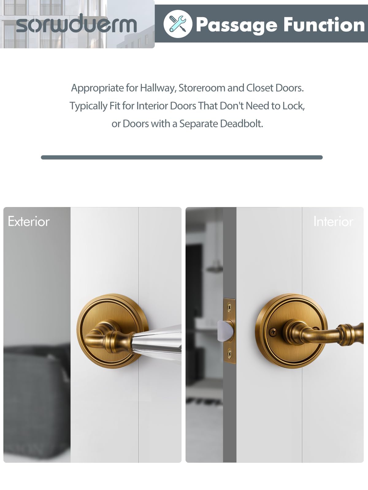 1 Pack Antique Brass Glass Door Lever Passage Crystal Door Levers Door Lever Interior Door Handle for Hall and