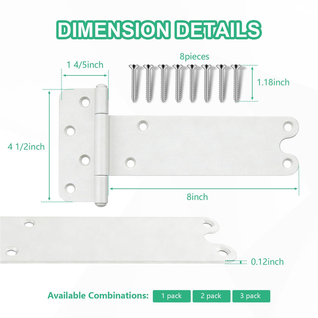8 inch Gate Hinges, 300 Lbs Capacity, Matte White Hinges, 2 Pack Heavy Duty Door Hinge, T-Strap Shed Gate