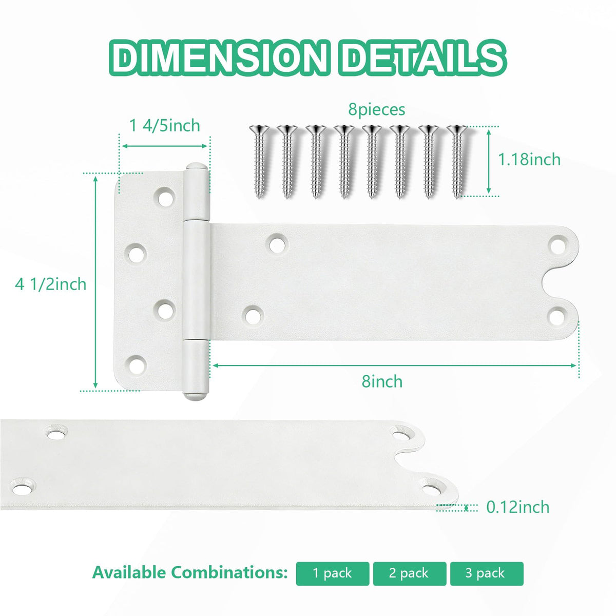 8 inch Gate Hinges, 300 Lbs Capacity, Matte White Hinges, 2 Pack Heavy Duty Door Hinge, T-Strap Shed Gate