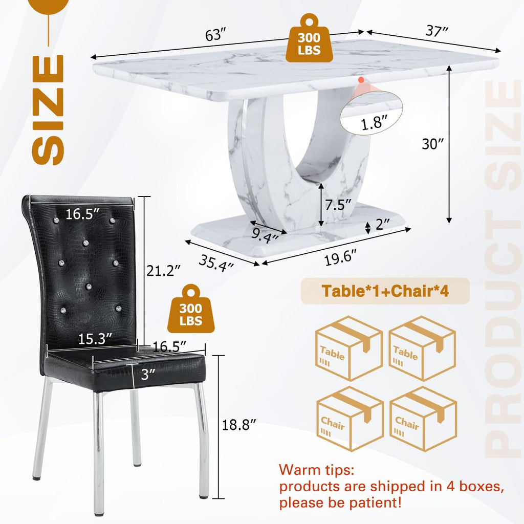 Modern Faux Marble Dining Table Set for 4, 63" White Rectangular Kitchen Table with Elegant U-Shaped Pedestal Base &