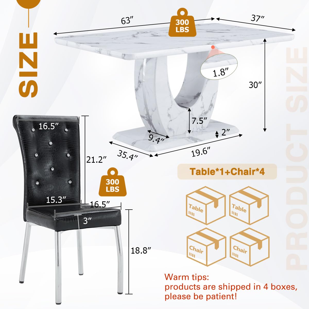 Modern Faux Marble Dining Table Set for 4, 63" White Rectangular Kitchen Table with Elegant U-Shaped Pedestal Base &