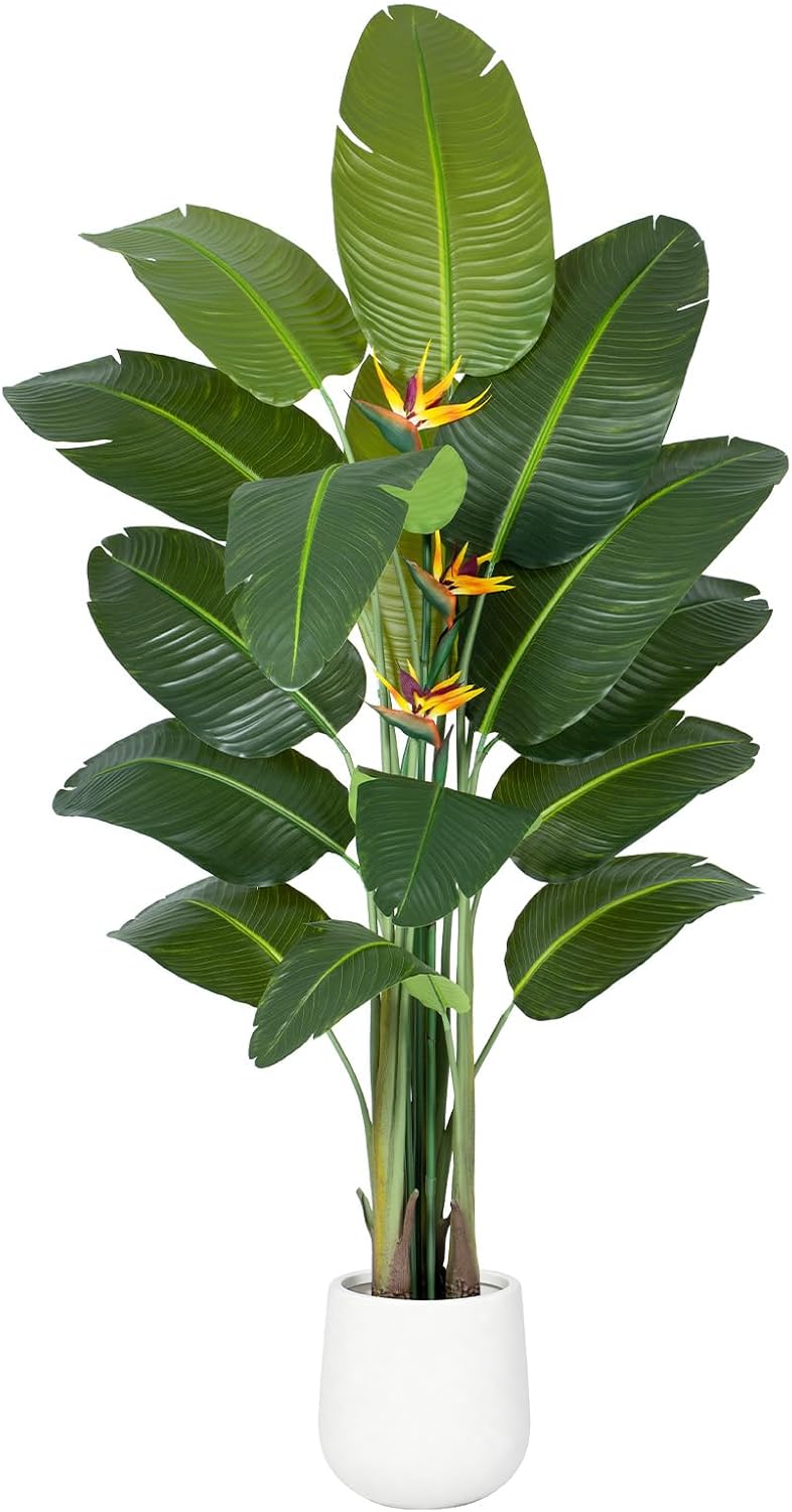 Bird of Paradise Artificial Plant in White Pot, 7ft Tall Faux Banana Leaf Tree with 3 Tropical Bird Flowers & 15