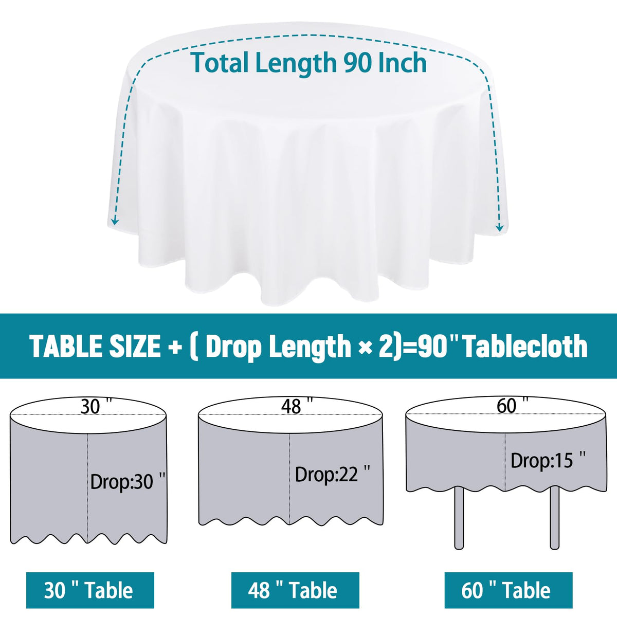 90 Inch Round Tablecloth White Polyester Fabric Table Covers 6 Packs