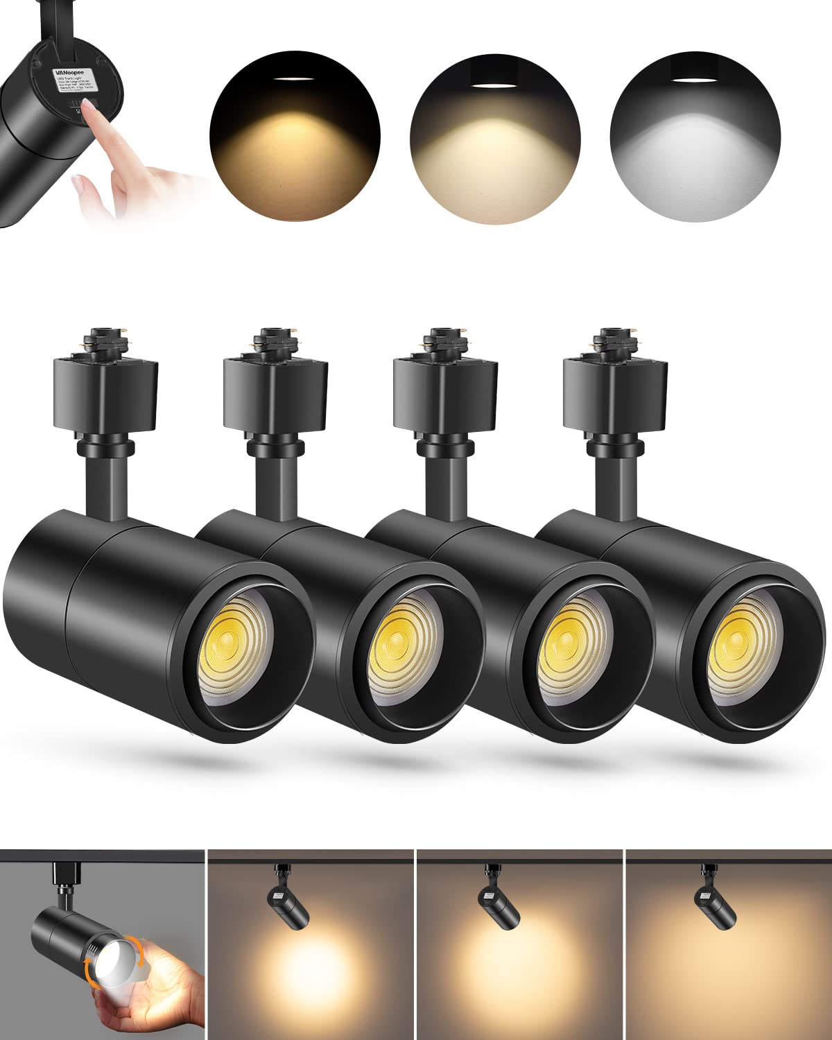 Zoomable 20W LED Track Lighting Heads H Type, Black 4 Pack
