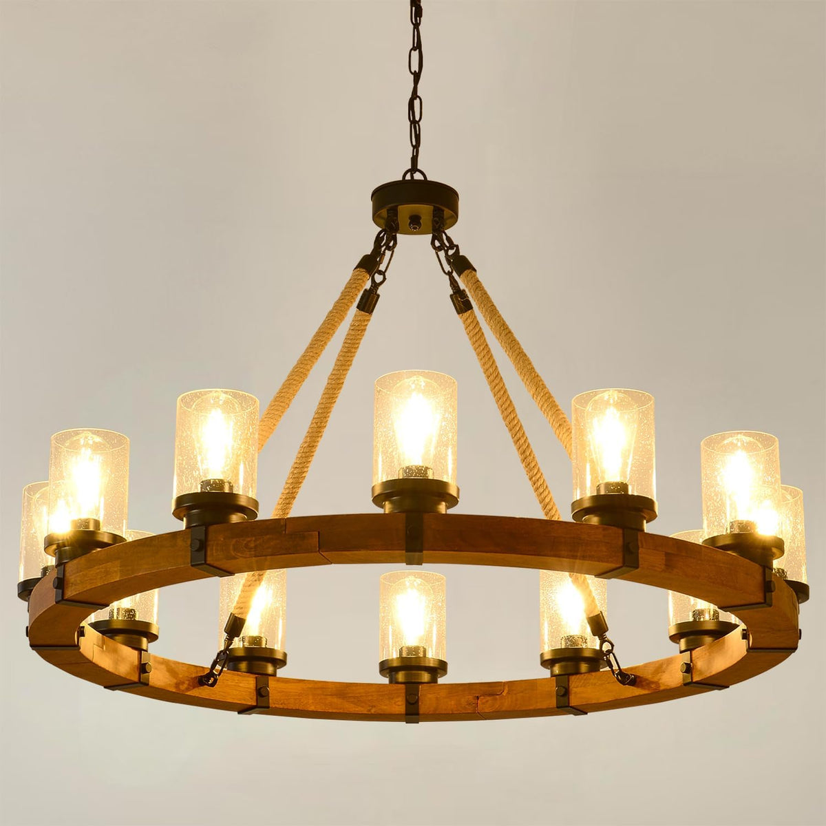 Rustic 12-Light Wagon-Wheel Chandelier, Large Ring Fixture for Great Rooms