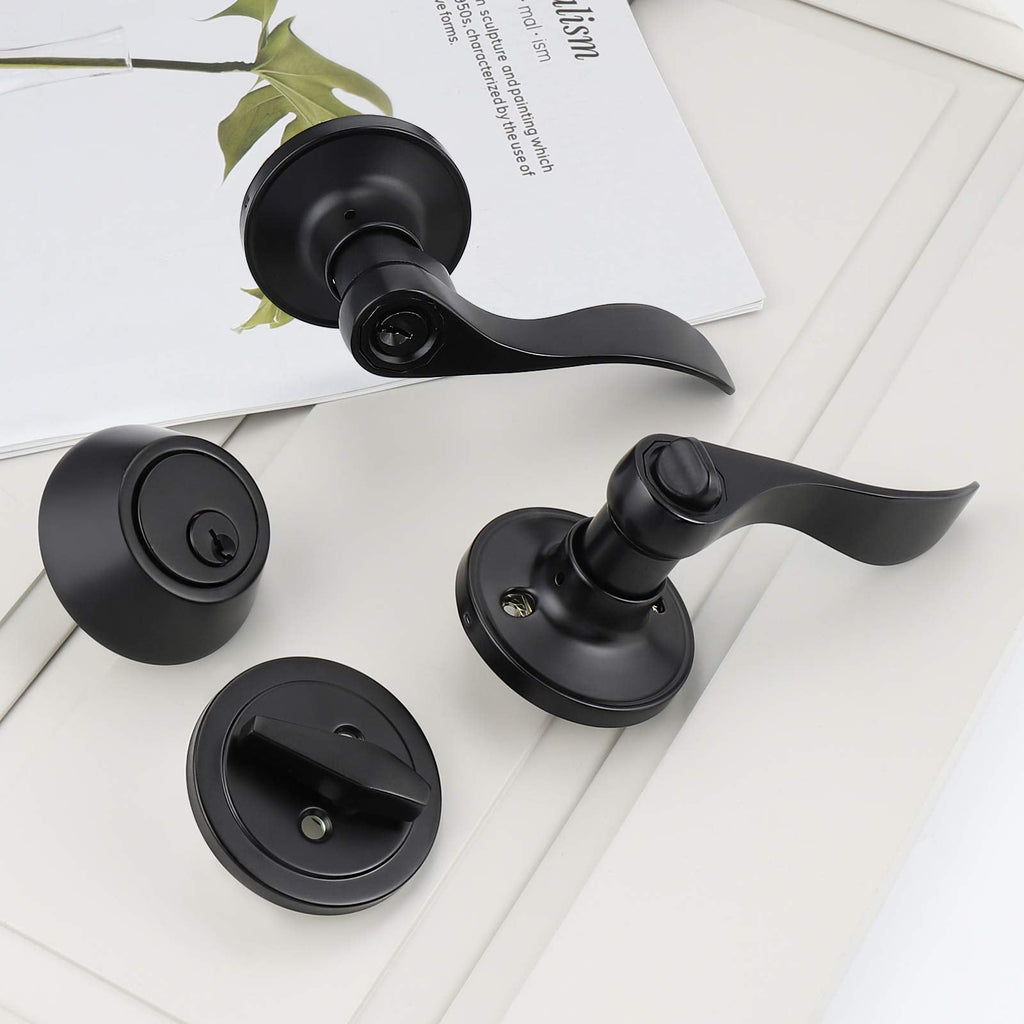 10 Sets Black Entry Levers and Single Cylinder Deadbolt Locksets with Same Key,Keyed Alike Entrance Locks,Drop/Wave