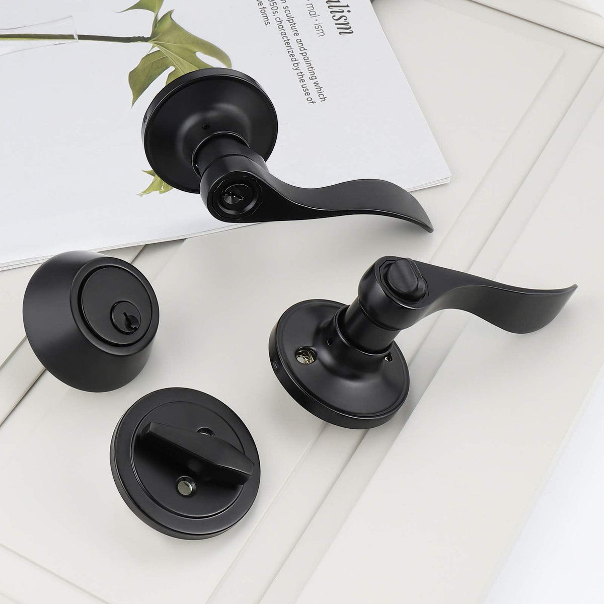10 Sets Black Entry Levers and Single Cylinder Deadbolt Locksets with Same Key,Keyed Alike Entrance Locks,Drop/Wave