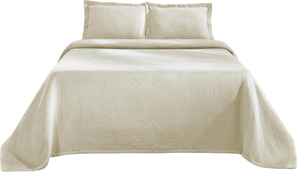100% Cotton Basket Weave Bedspread with Shams, All-Season Premium Cotton Matelasse Jacquard Bedding, Quilted-Look