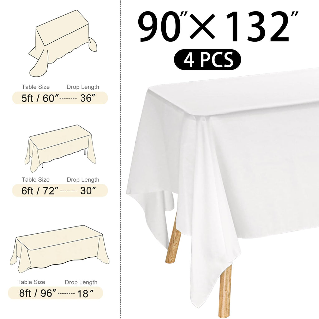 4 Pack Rectangle Tablecloth 90x132Inch White Washable Polyester Table Cover for Wedding Dining Table Buffet Parties