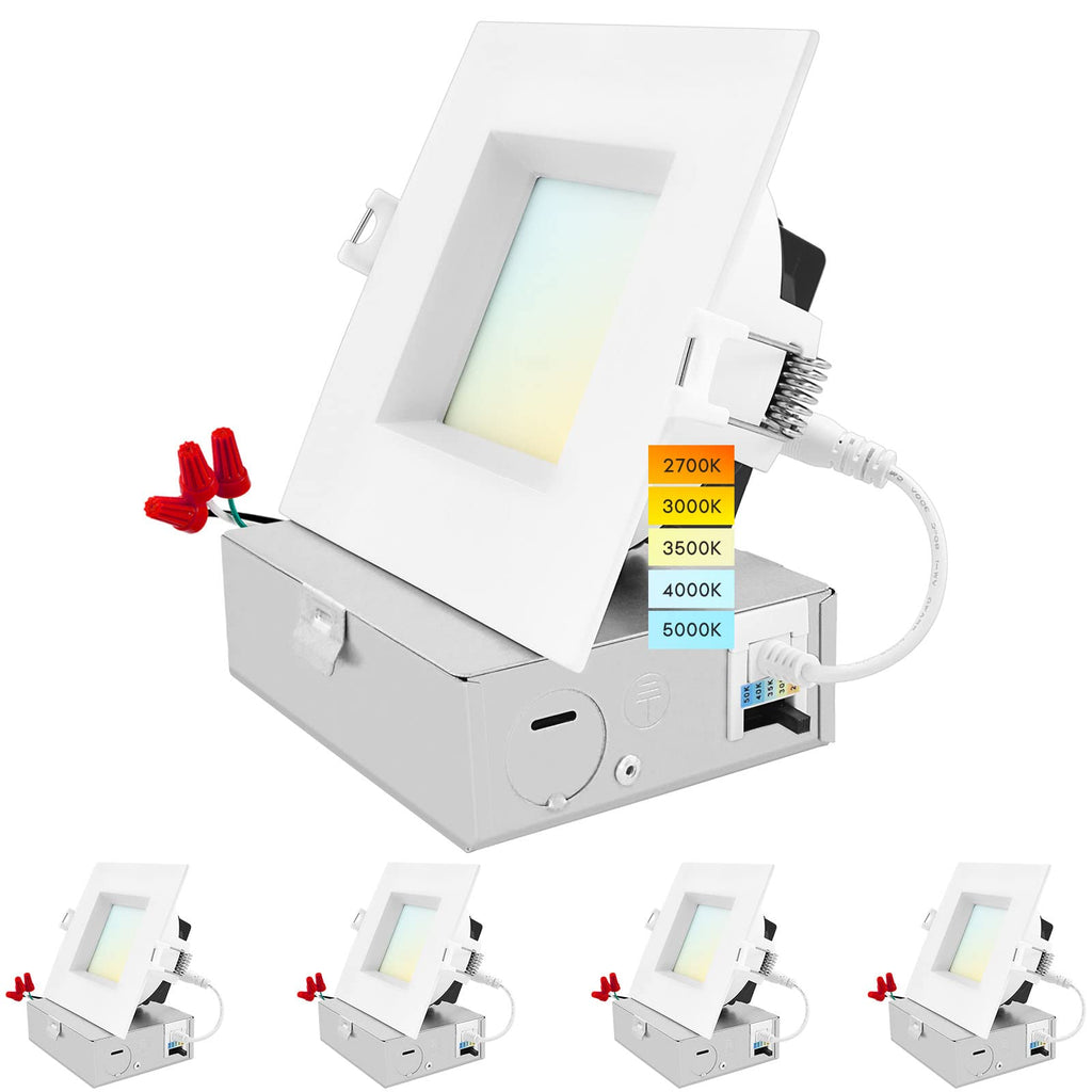 4 Inch Square LED Recessed Ceiling Light with Junction Box, 15W, 5CCT Selectable 2700K/3000K/3500K/4000K/5000K