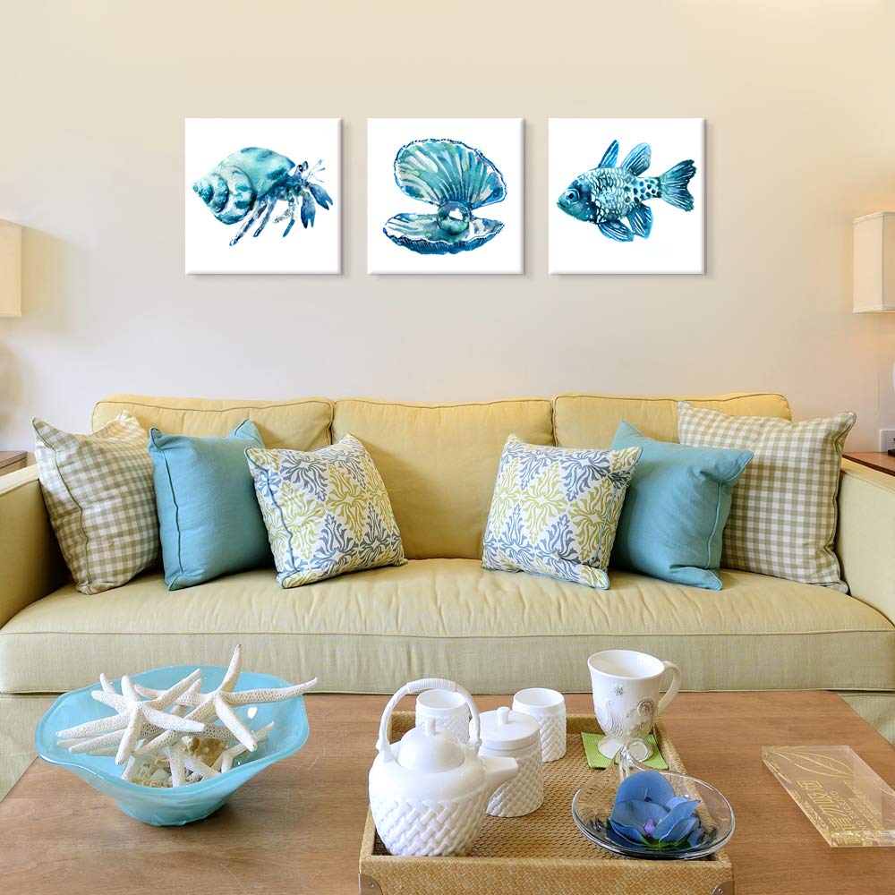 Ocean Art Prints Tropical Wall Art Wall Blue Fish Blue Shells Hermit Crabs Kitchen Decoration 16x16Inchx3 pcs