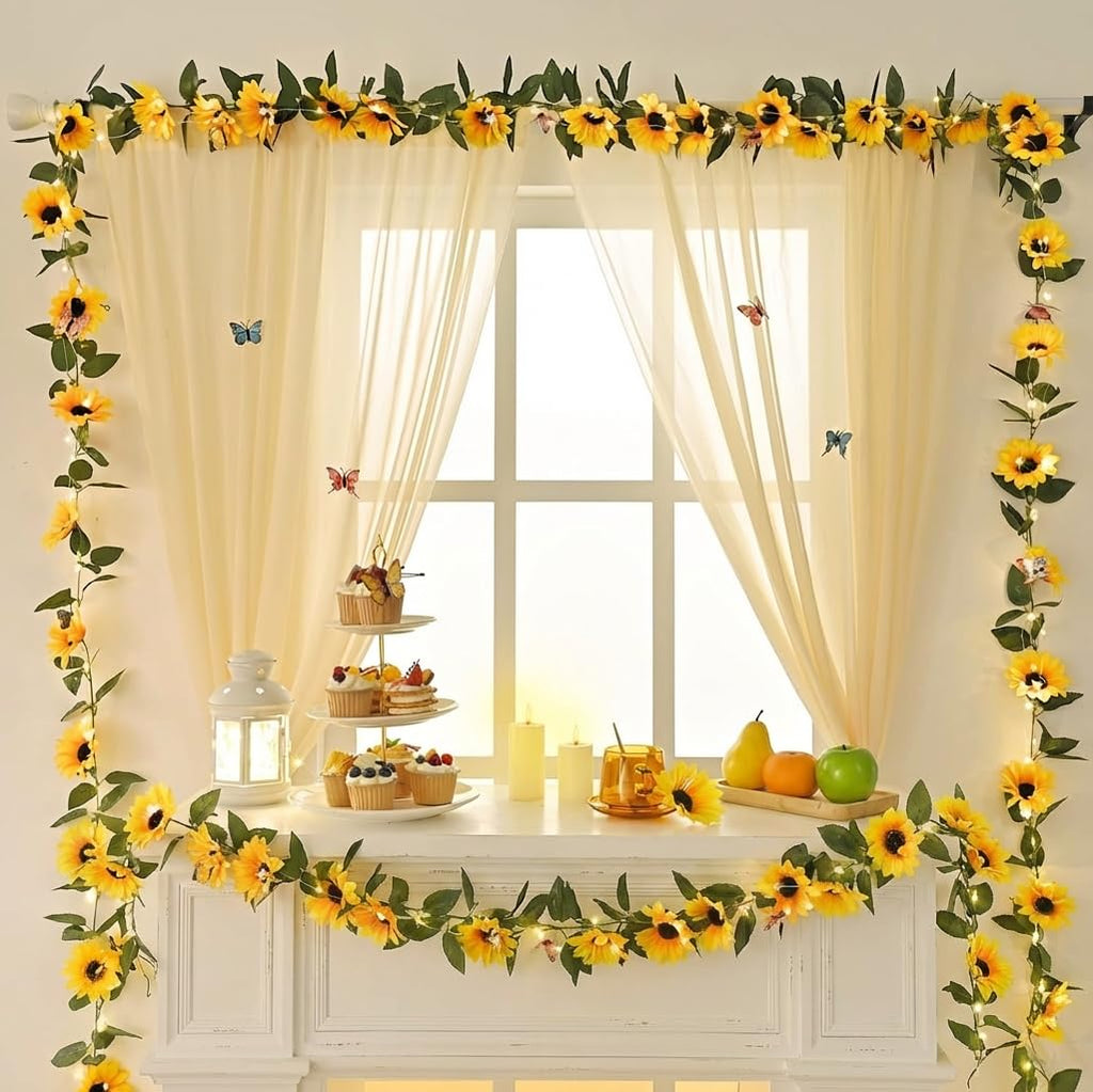 Sunflower Garland Decor with Lights, Sunflower Vines Hanging Flowers Garland with Green Leaves, Fake Yellow Flower