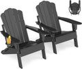 Oversized Folding Adirondack Chairs Set of 2, HDPE, Black | Cup Holder | 22" Extra-Wide | All Weather | Plastic Fire