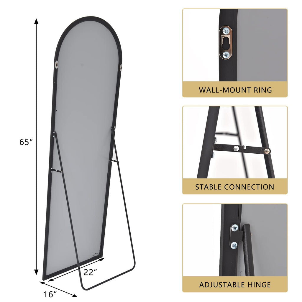 64"x21" Arch Full Length Mirror, Hanging or Leaning Arched-Top Full Body Mirror with Stand, Dressing Room, Black