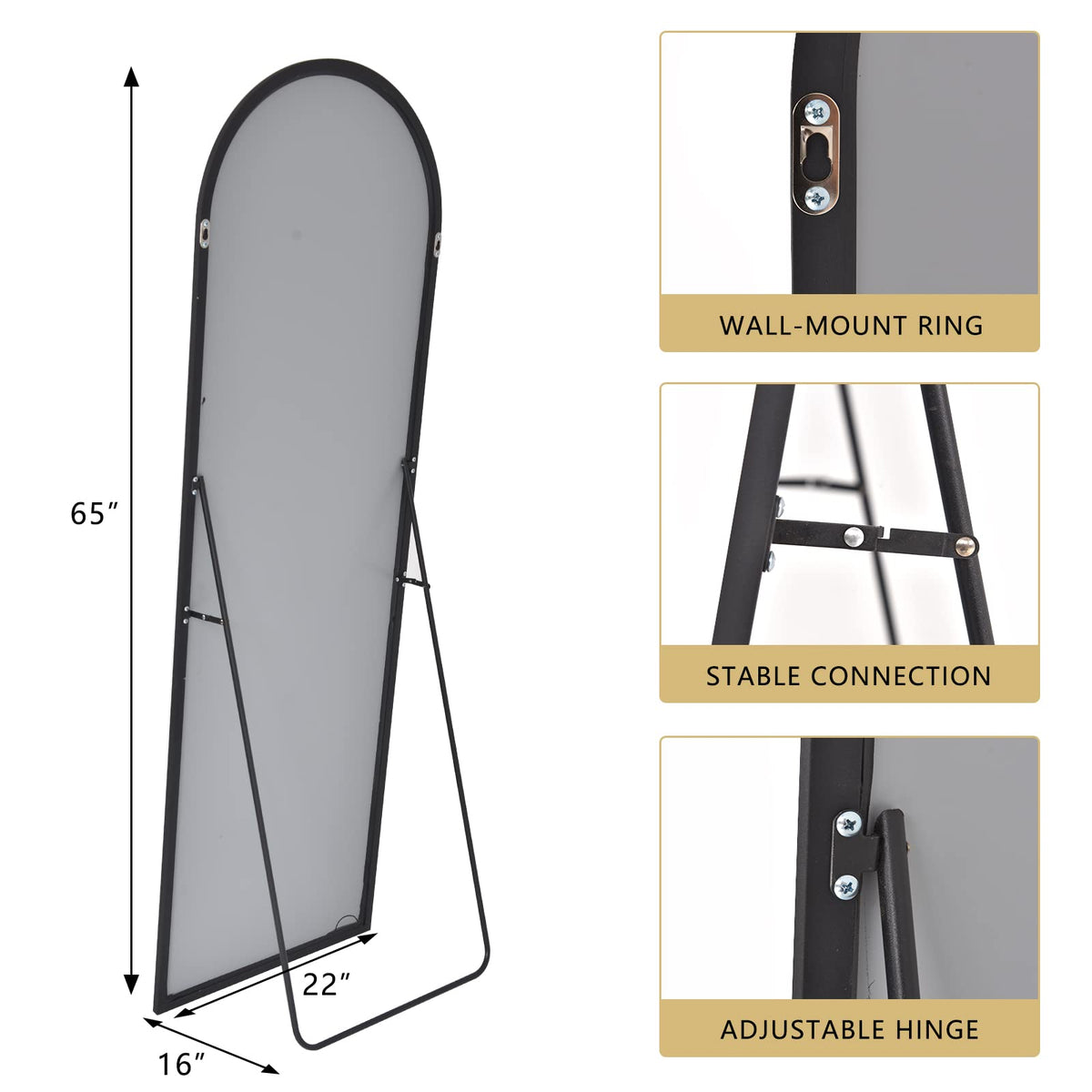 64"x21" Arch Full Length Mirror, Hanging or Leaning Arched-Top Full Body Mirror with Stand, Dressing Room, Black