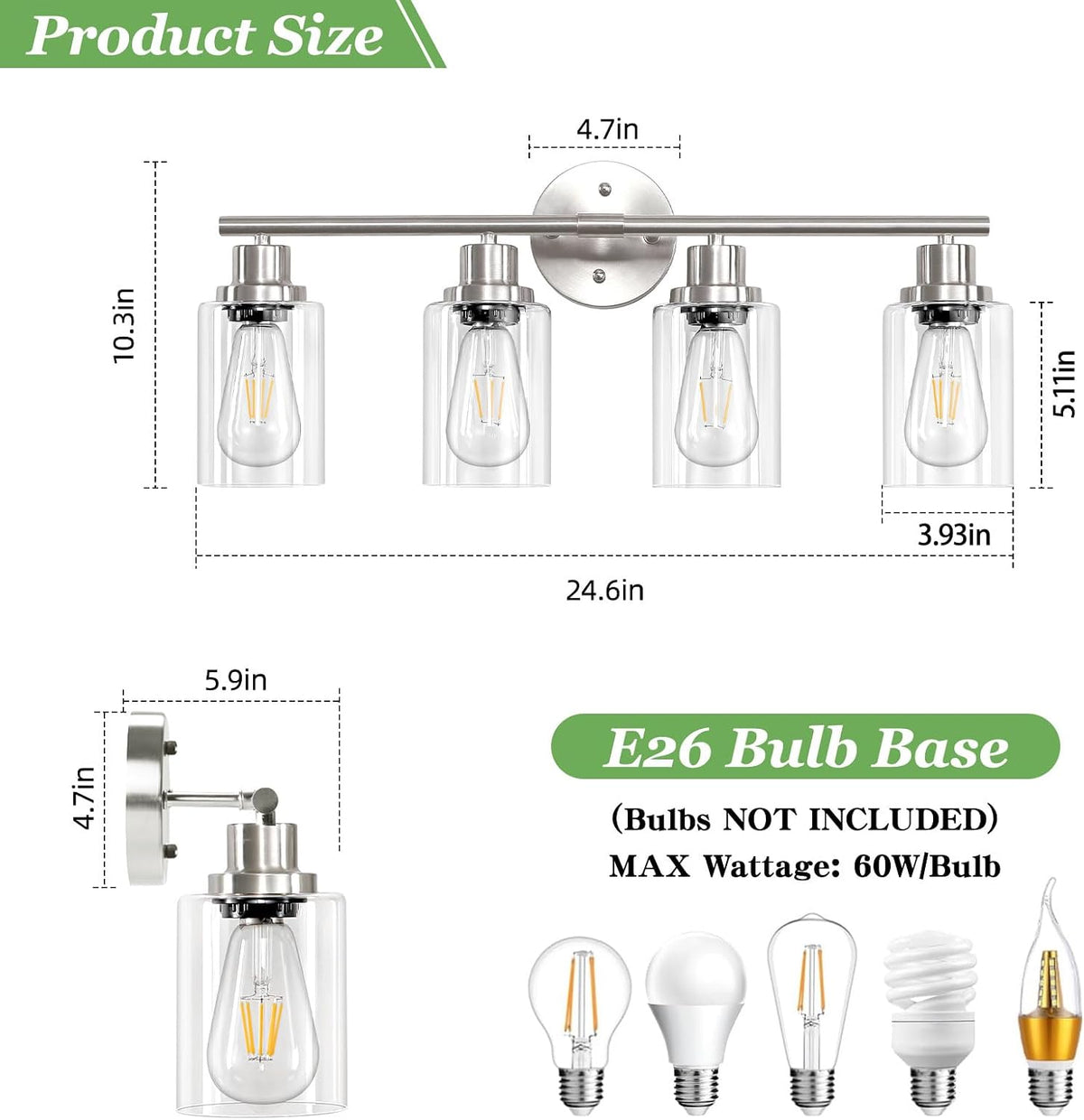 4-Light Nickel Bathroom Light Fixtures, E26 Modern Vanity Lights with Clear Glass Shade, Wall Lamps for Mirror