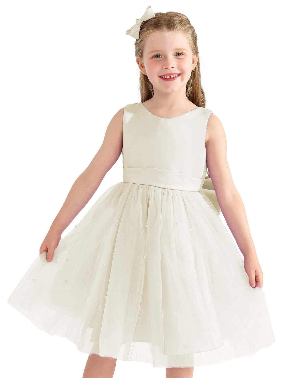 Flower Girl Dress Satin Ball Gown for Wedding Party with Bowknot (Ivory, /80)