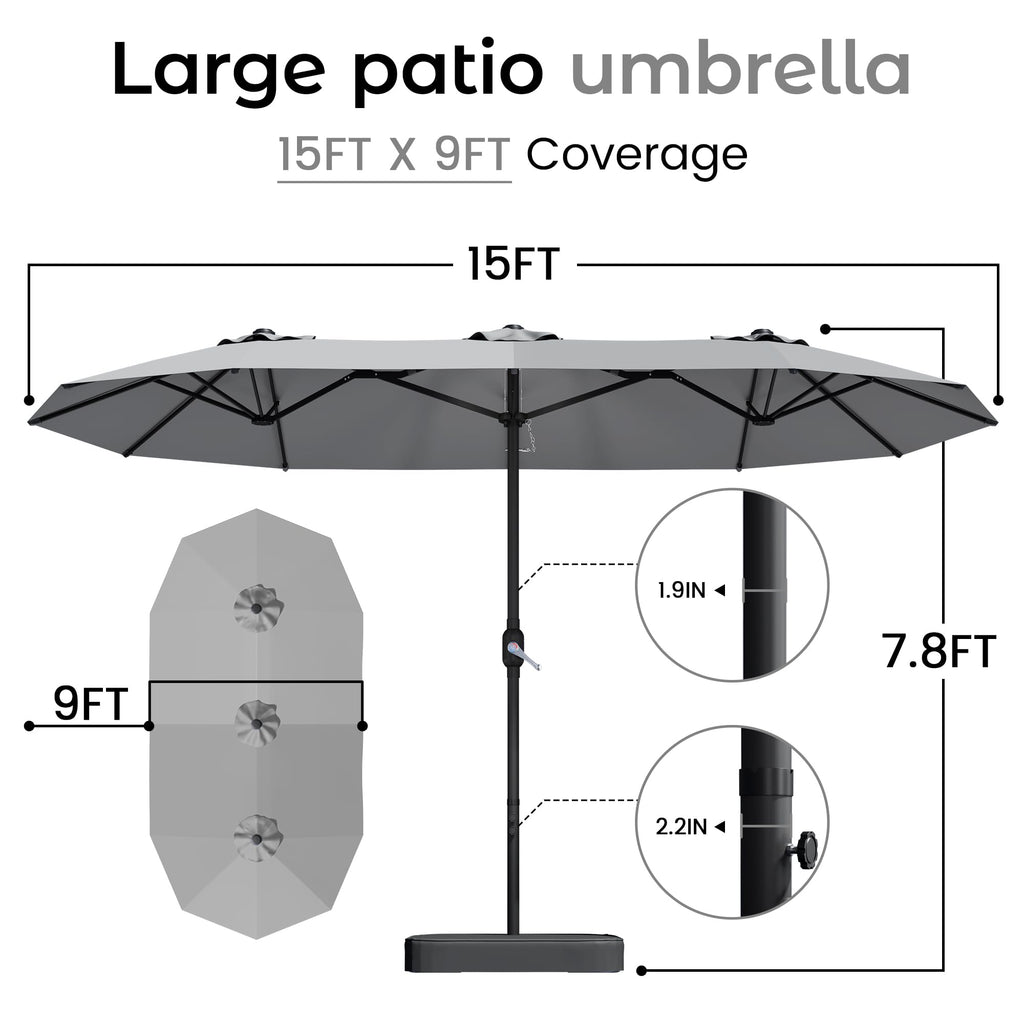 15ft Large Double-Sided Rectangle Patio Umbrella with Base Included, Gray