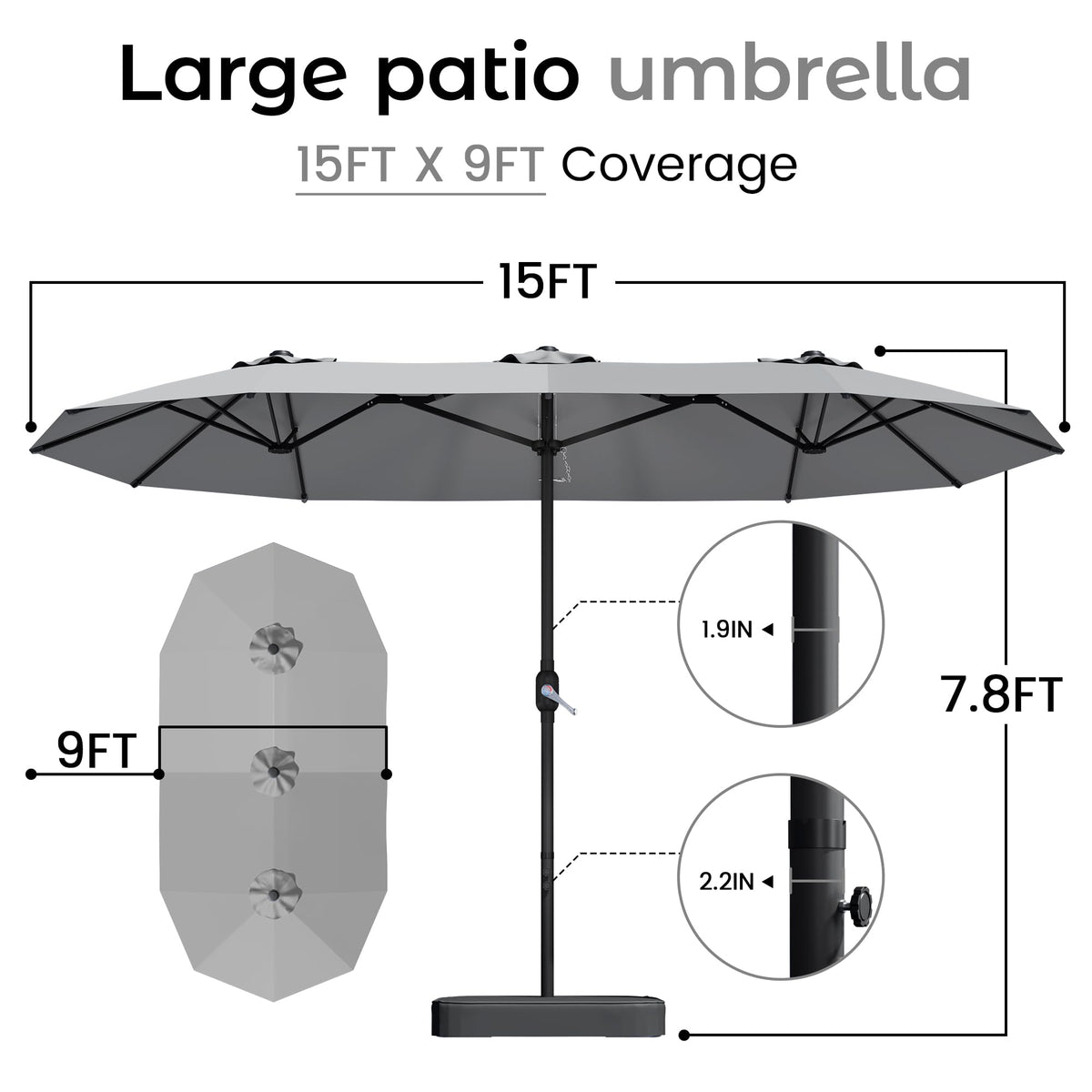 15ft Large Double-Sided Rectangle Patio Umbrella with Base Included, Gray