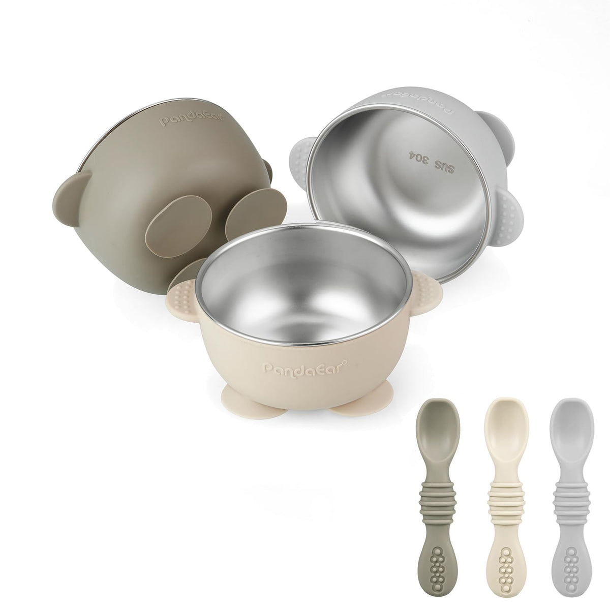 3 Pack Stainless Steel Suction Baby Bowls & 3 Baby Feeding Spoons | Non-Slip Stay Put Bowls & Soft Silicone First