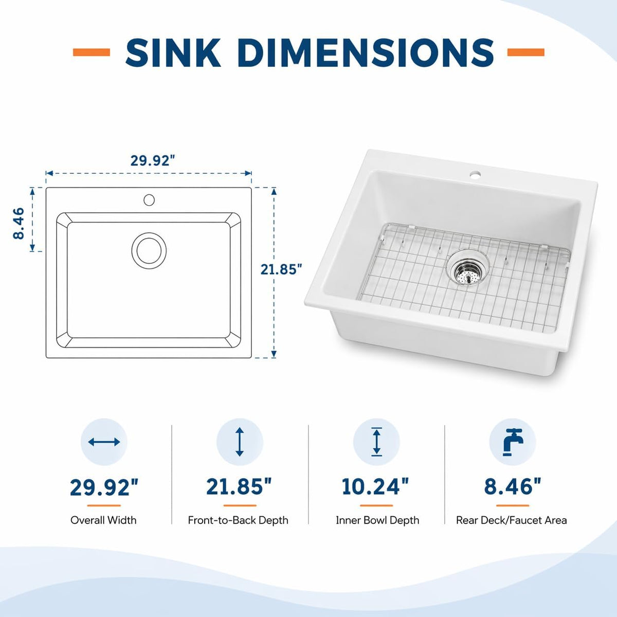30 Inch Ceramic Farmhouse Sink, White Apron Front Farm Sink 30"x22"x10", Deep Single Bowl Kitchen Sink with Stainless