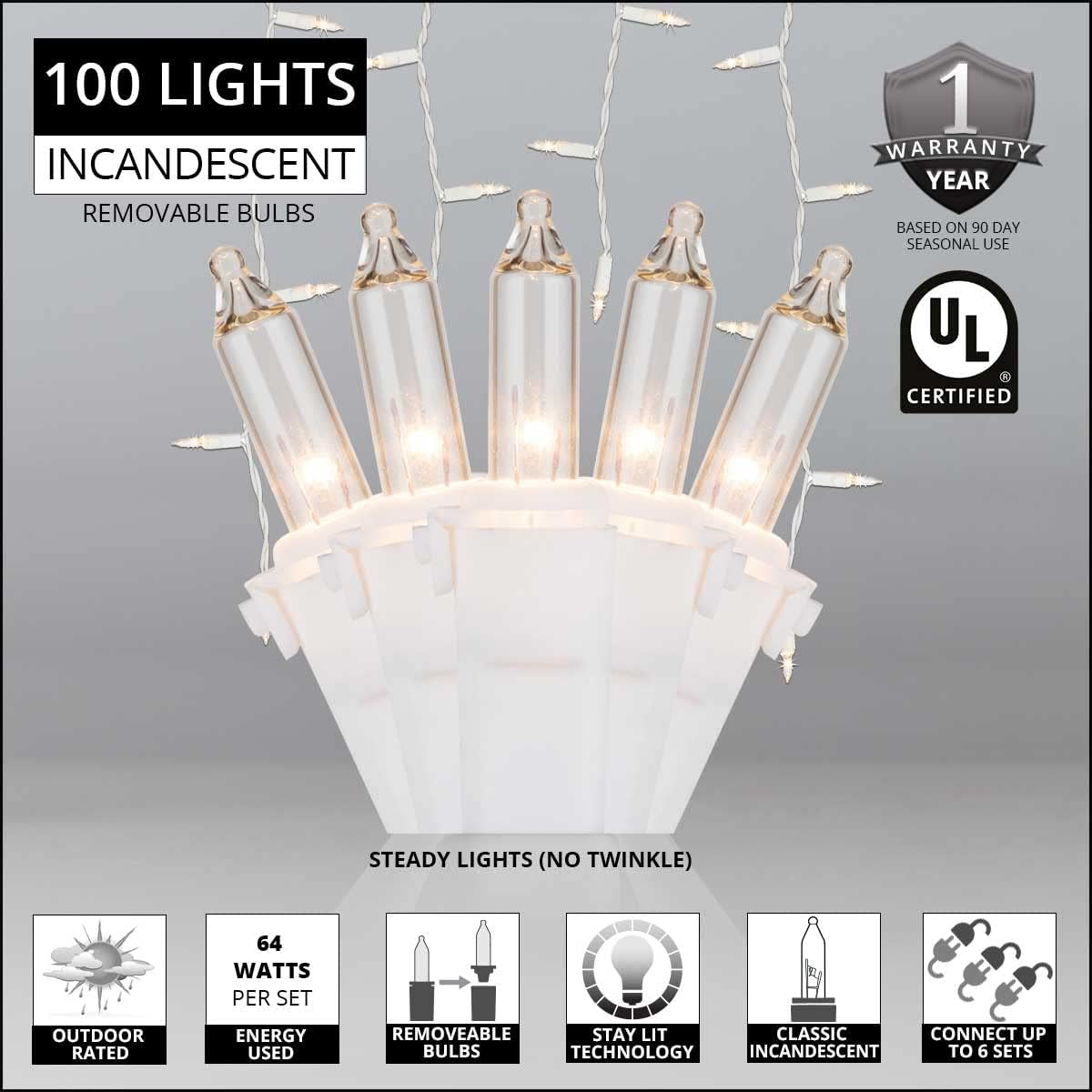 8.5 ft Clear Commercial-Grade Incandescent Icicle Lights, 150 Lights on White Wire Christmas Icicle Lights Outdoor