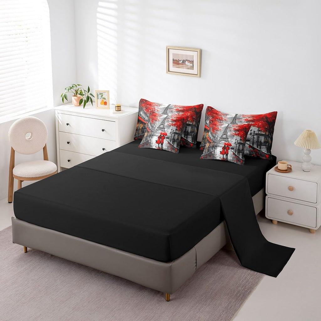 Paris 7-Piece King Comforter Set Twin Size for Couple Girls Women Eiffel Tower Bed in A Bag Romantic Bedding Set with