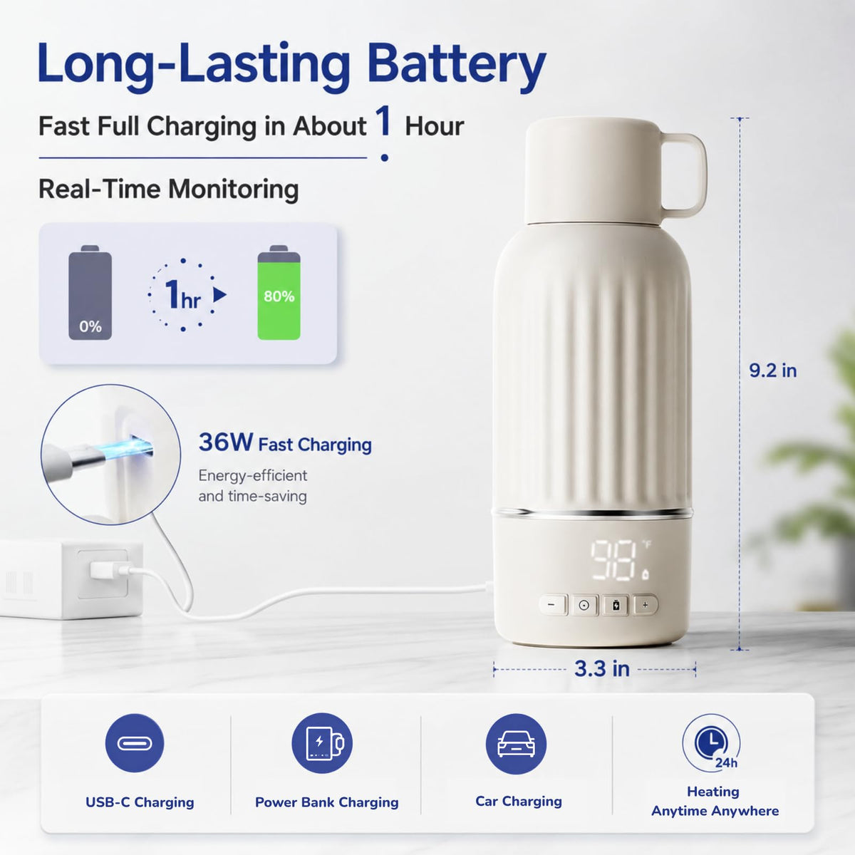 Portable Bottle Warmer for Travel, with 36W Fast Charger, Fast Heating for Breast Milk and Water, 10200mAh Battery
