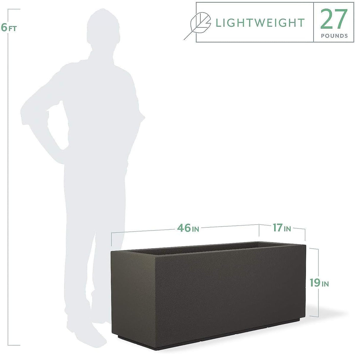 Milan Rectangular Trough Planter - 46" x 17" x 19" - Large Lightweight Indoor/Outdoor Planter Box - Modern Stone-Look