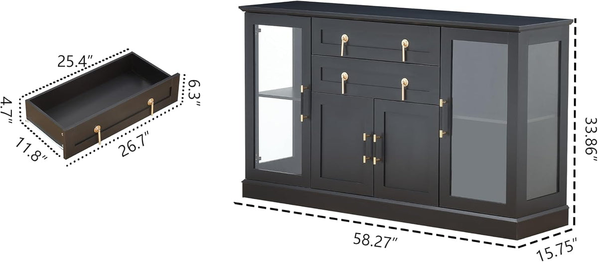 58.27'' Buffet Cabinet with 2 Drawers,LED and Adjustable Shelves,Large Glass Door Coffee Bar Cabinet with Storage,Modern Farmhouse Sideboard Credenza for Kitchen,Green