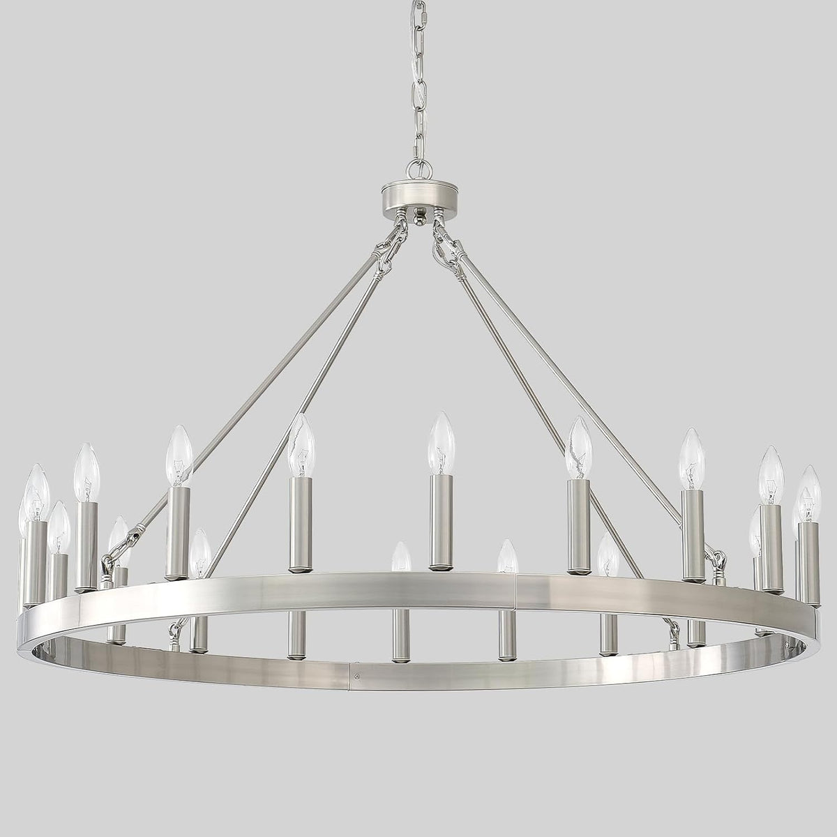 Silver Wagon-Wheel Chandelier, Cool-Toned Ring Light for Modern Farmhouse Rooms