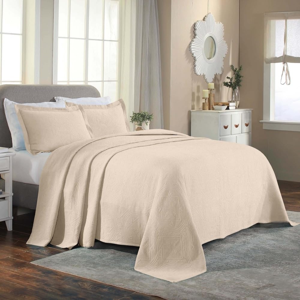 3 Piece Shabby Chic Bedding Raised Matelasse Woven Design Cotton Bedspread Queen Size Geometric Pattern | All Seasons