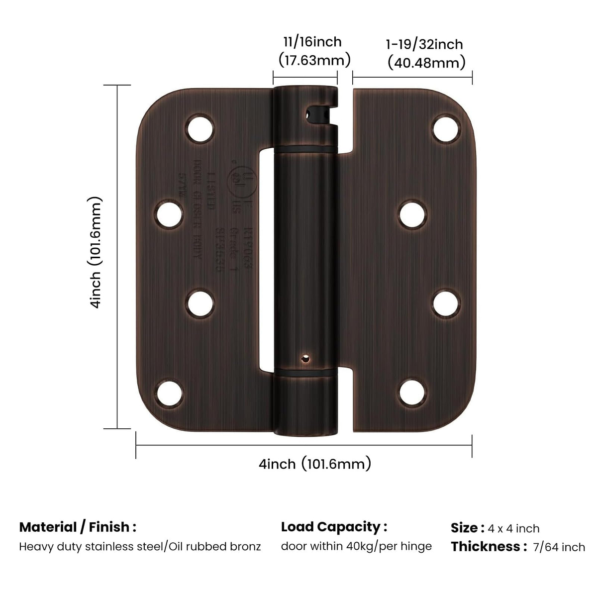 2 Pack 4Inch Spring Door Hinges Oil Rubbed Bronze 5/8" Radius Corner