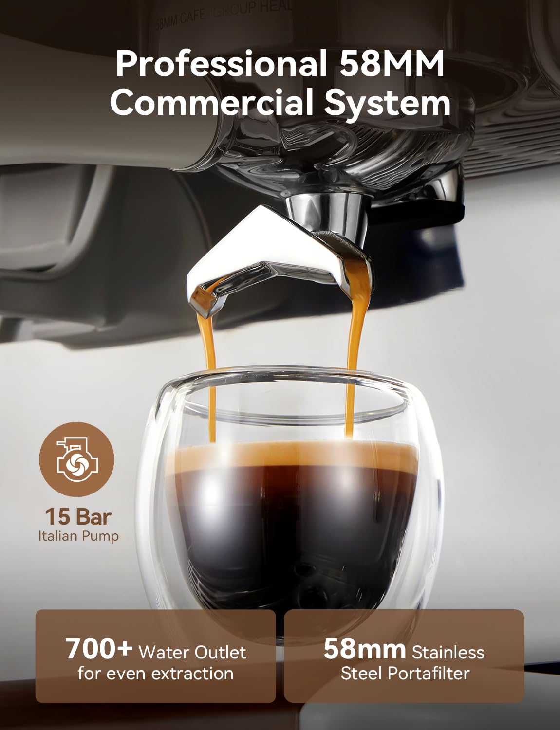 Fast Heat Espresso Machine with Grinder 58mm, 15 Bar