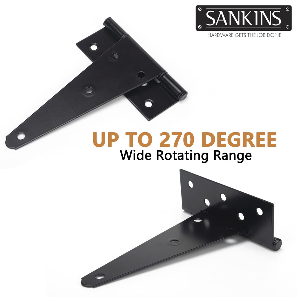 8 Inch T-Strap Shed Door Hinges Heavy Duty, Black Tee Hinge for Wooden Fences, Yard Door, Barn Door Gates, Wrought