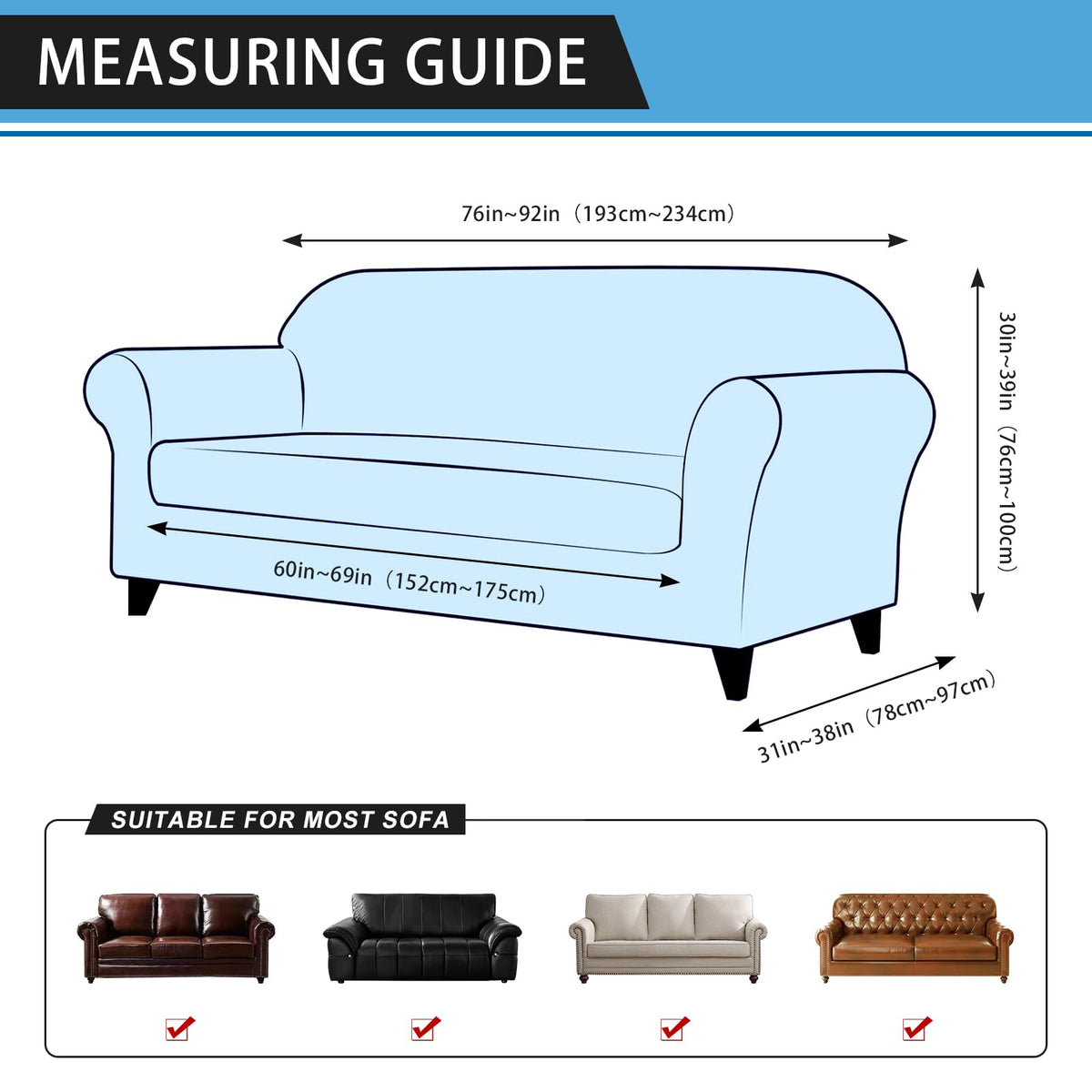 Couch Cover Leather Look 3 Seater Couch Sofa Cover 1-Piece Sofa Slipcover Stretch Furniture Protector with Elastic