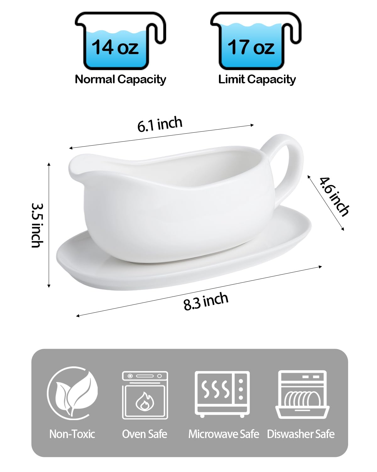 17 oz Ceramic Gravy Boat with Saucer Tray, 2-Pack Porcelain Sauce Boat Server with Handle, Spill-Resistant Pour Spout