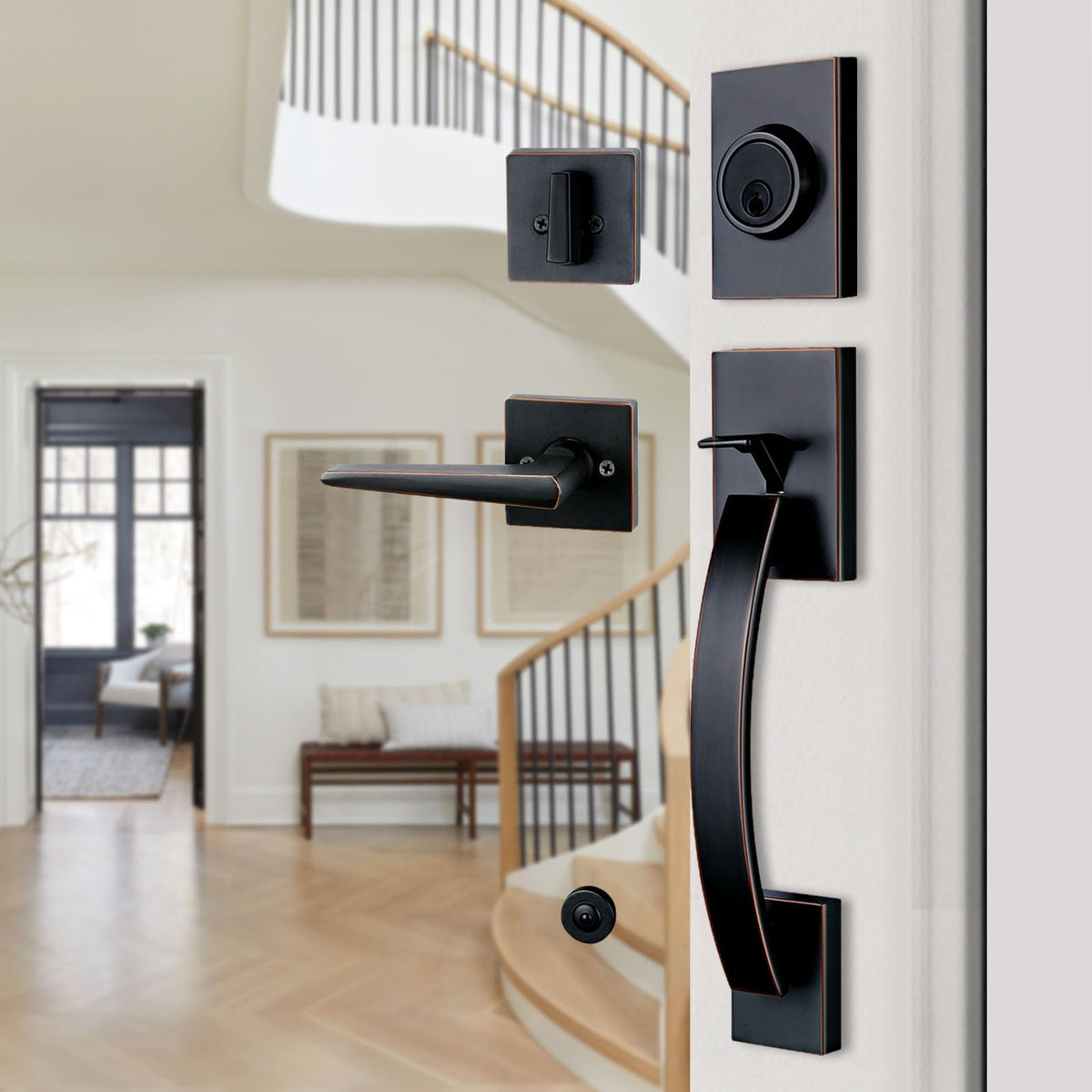 Exterior Door Handle, Front Door Handle with Deadbolt,Entry Door Lock Set with Reversible Lever, Oil Rubbed Bronze